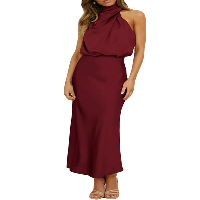 PENGXIANG Femmes Maxi Robe de Satin Élégant Sans Manches Faux Cou Parti Mariage Invité Longues Robes Longues Formelles