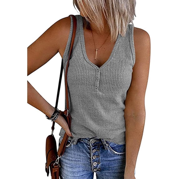 Anbech Womens V Neck Henley Tank Tops Sleeveless Ribbed Button Tee Summer Casual Henley Shirts