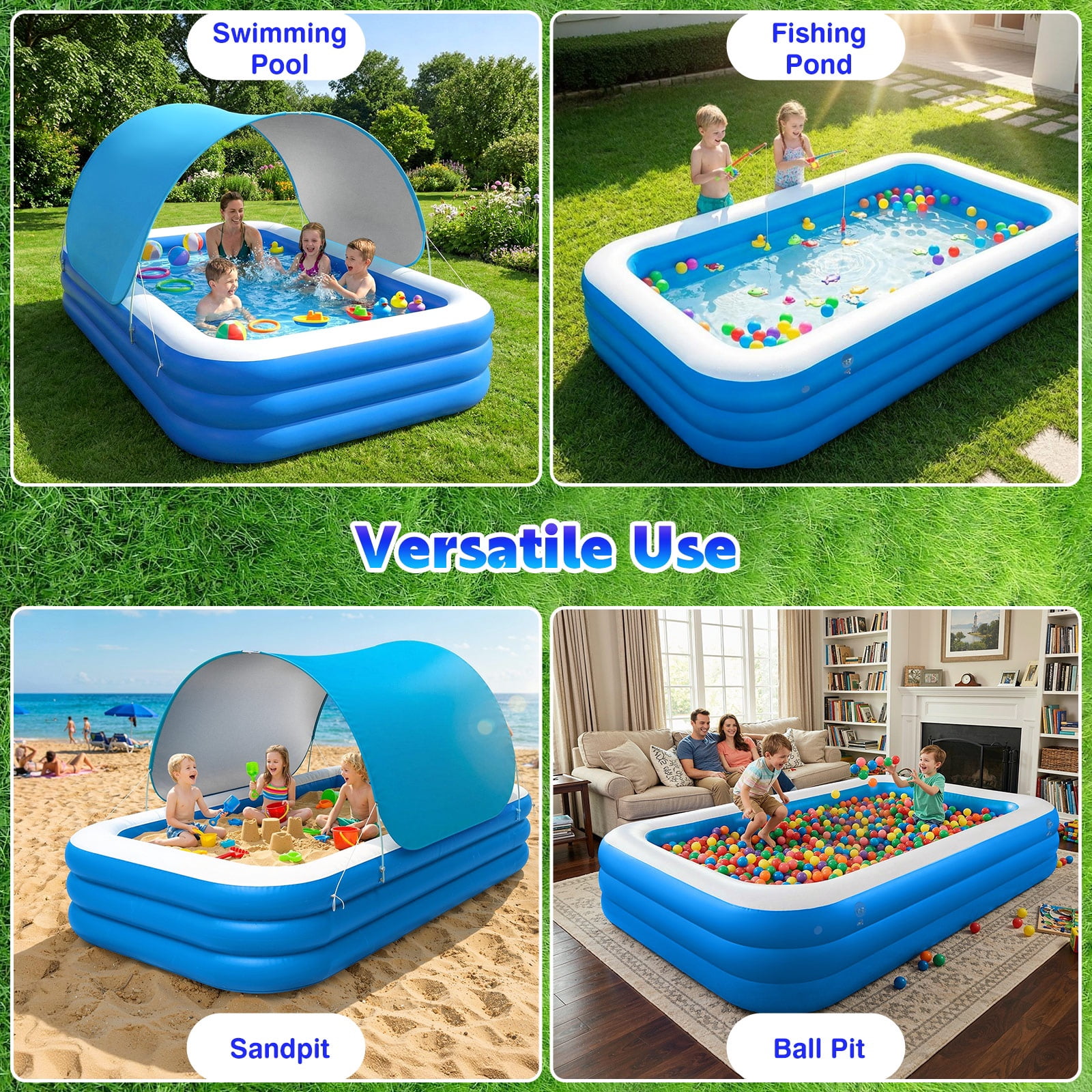 MoKo Inflatable Pool with Canopy, Blow Up Pool for Adults Kids, Large Kiddie Pool with Shade, Kid Swimming Pool for Backyard 102"x65"x23", Blue