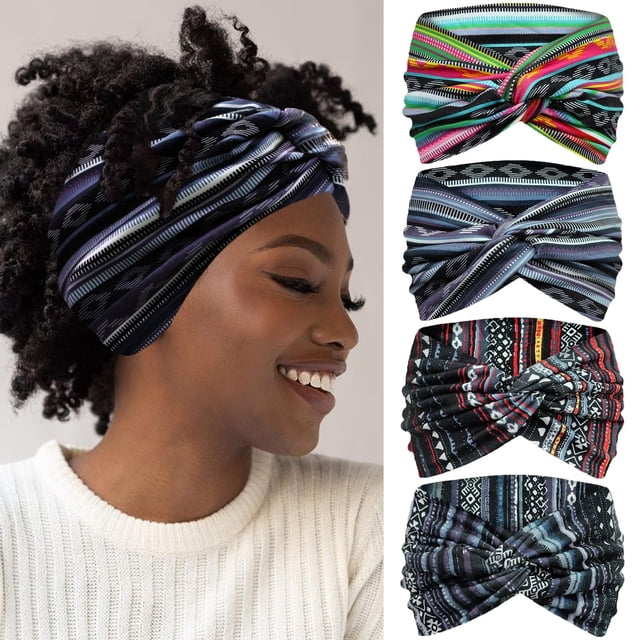 IVARYSS Diademas bohemias extra anchas para mujer, antideslizantes, 7 pulgadas, grandes, anudadas, elásticas, bandas para la cabeza, accesorios para el cabello, paquete de 4