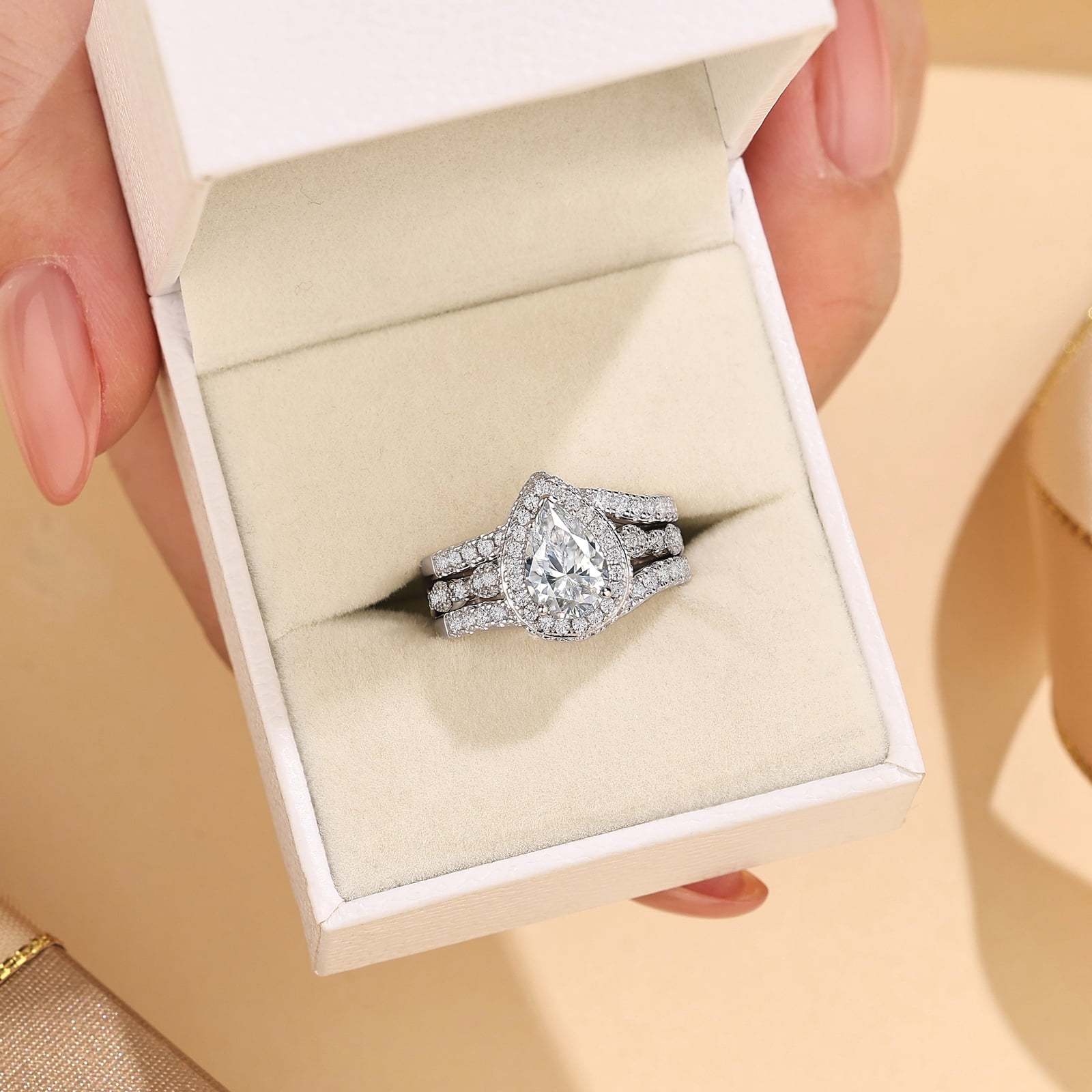 Newshe Jewellery Wedding Rings for Women Bridal Ring Enhancer Engagement Ring 3Ct Pear White Gold 925 Sterling Silver 5A Cz Size 10