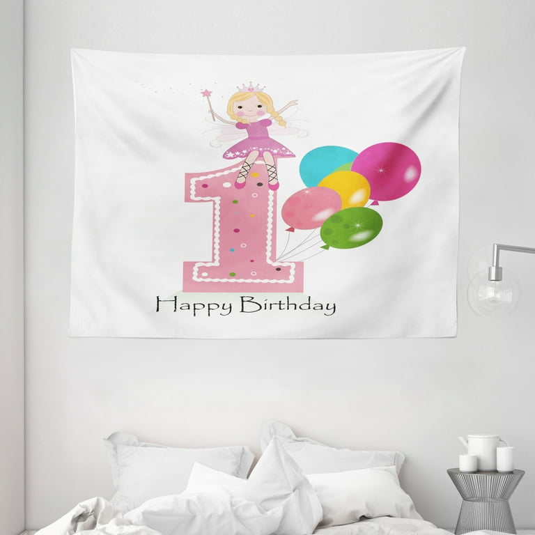 1st Birthday Decorations Tapestry Princess Fairy Party Theme with Wish Wand and Balloons Wall Hanging for Bedroom Living Room Dorm Decor 80W X 60L