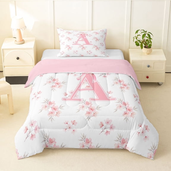 Manfei Pink Floral Twin Comforter Sets,Girls Personalized Letter A Bedding Set,Pink Reversible,2 Pieces,1 Comforter and 1 Pillowcase