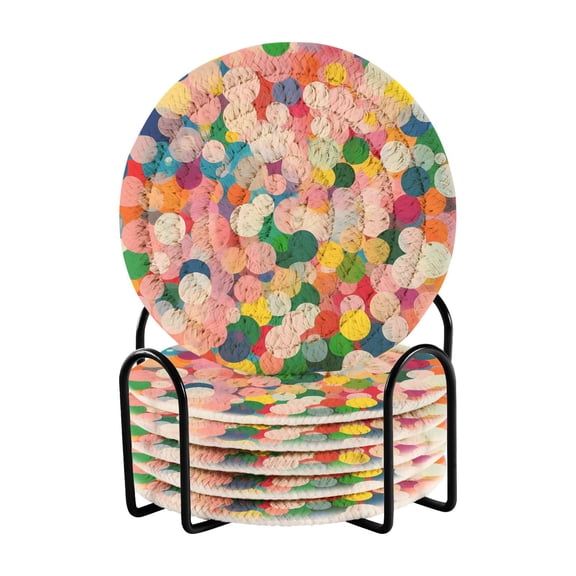 Yayeee 6 PCS Drink Coasters with Holder Set Woven Absorbent Round Tabletop Hot Pad, Pink Colorful Circles