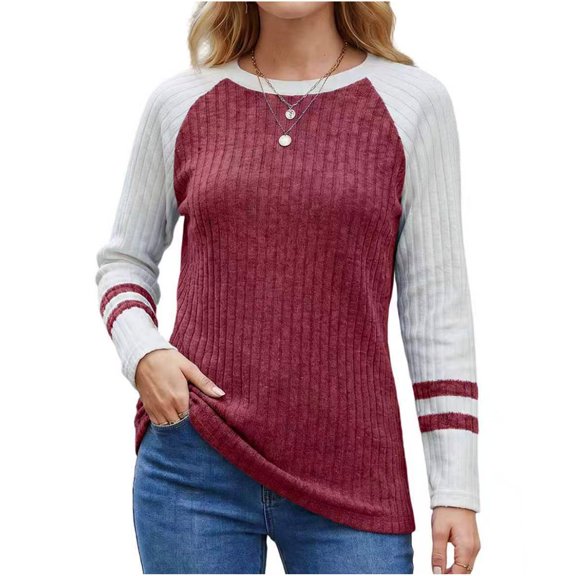 hotojiny Long Sleeve Shirts for Women Lightweight Sweaters Fall Outfits Color Block Winter Clothing Dressy Casual Pullover(Wine,X-Large)