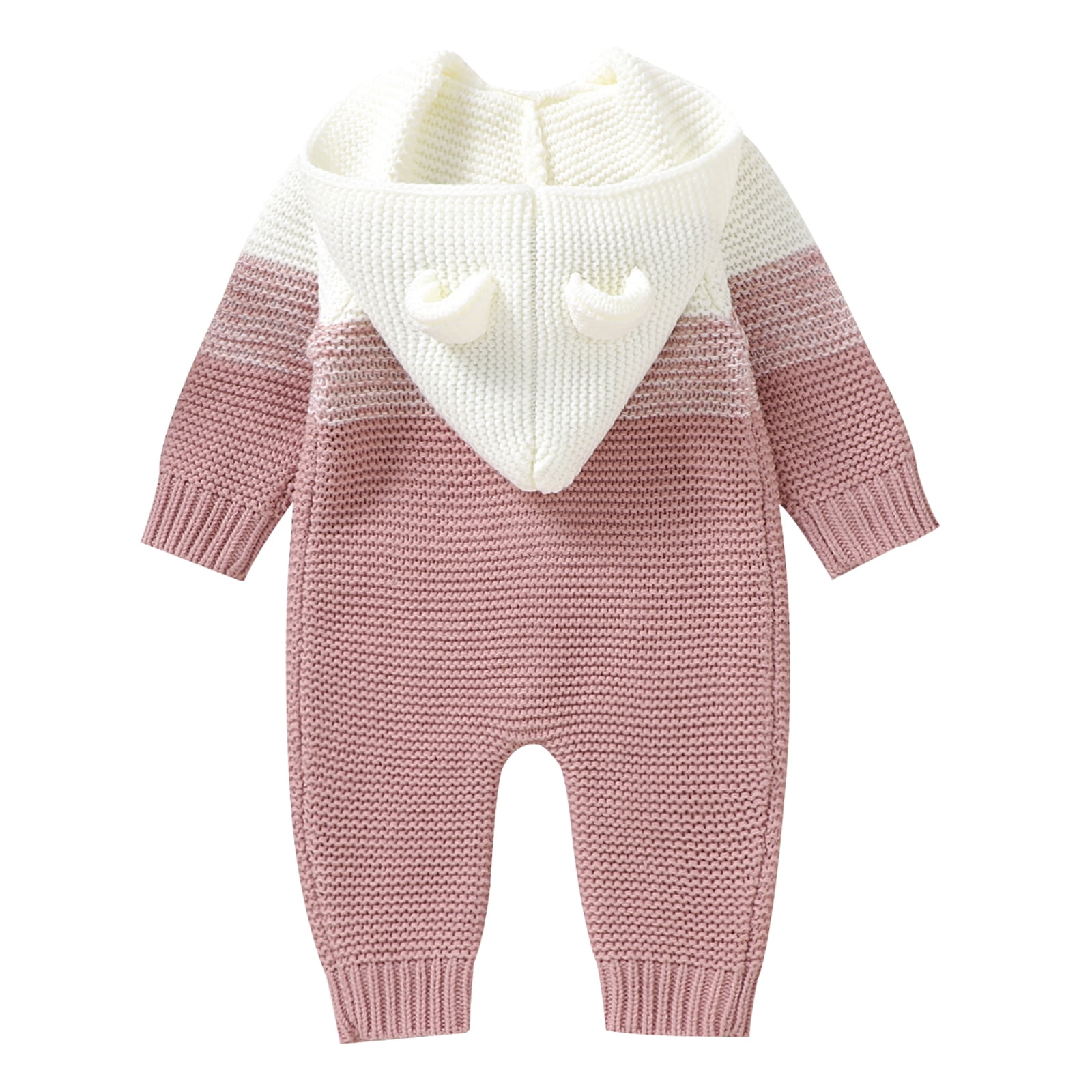 FYMNSI Newborn Baby Girl Boy Hooded Romper Infant Button Down Knitted Jumpsuit Fall Winter Clothes 0-3 Months Pink