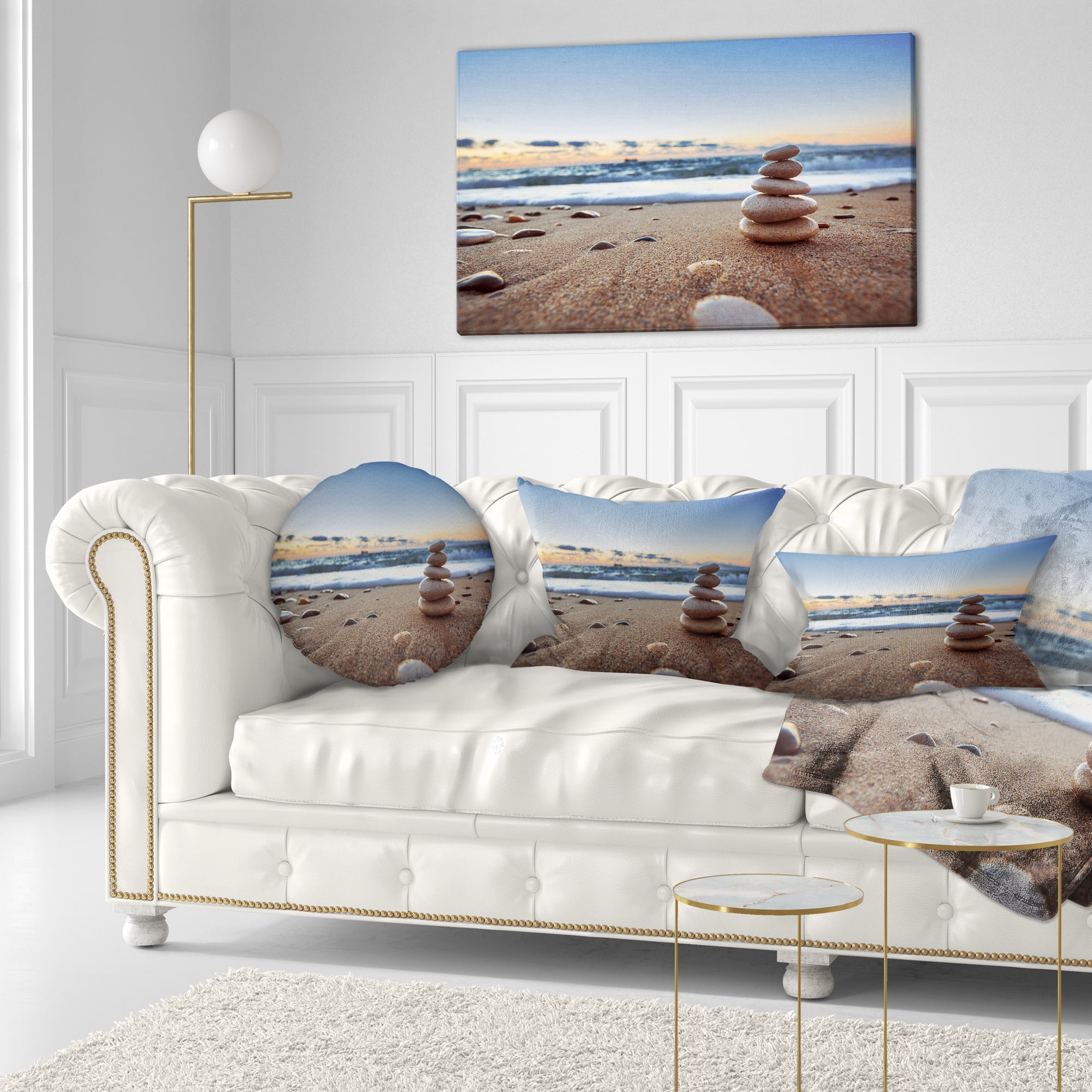Designart Stones Balance on Sandy Beach - Seashore Throw Pillow - 12x20