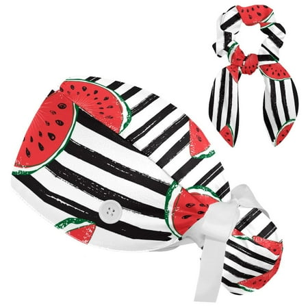 

Working Cap with Buttons and Sweatband Scrub Hat Bouffant Caps with Scrunchie Watermelon Tie Back Hats