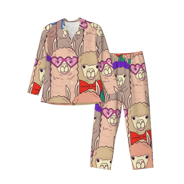 Balery Cute Lamas Pijama para Hombre de Dos Piezas con Manga Larga, Conjunto de Dormir y Descanso Suave con Bolsillos-Large