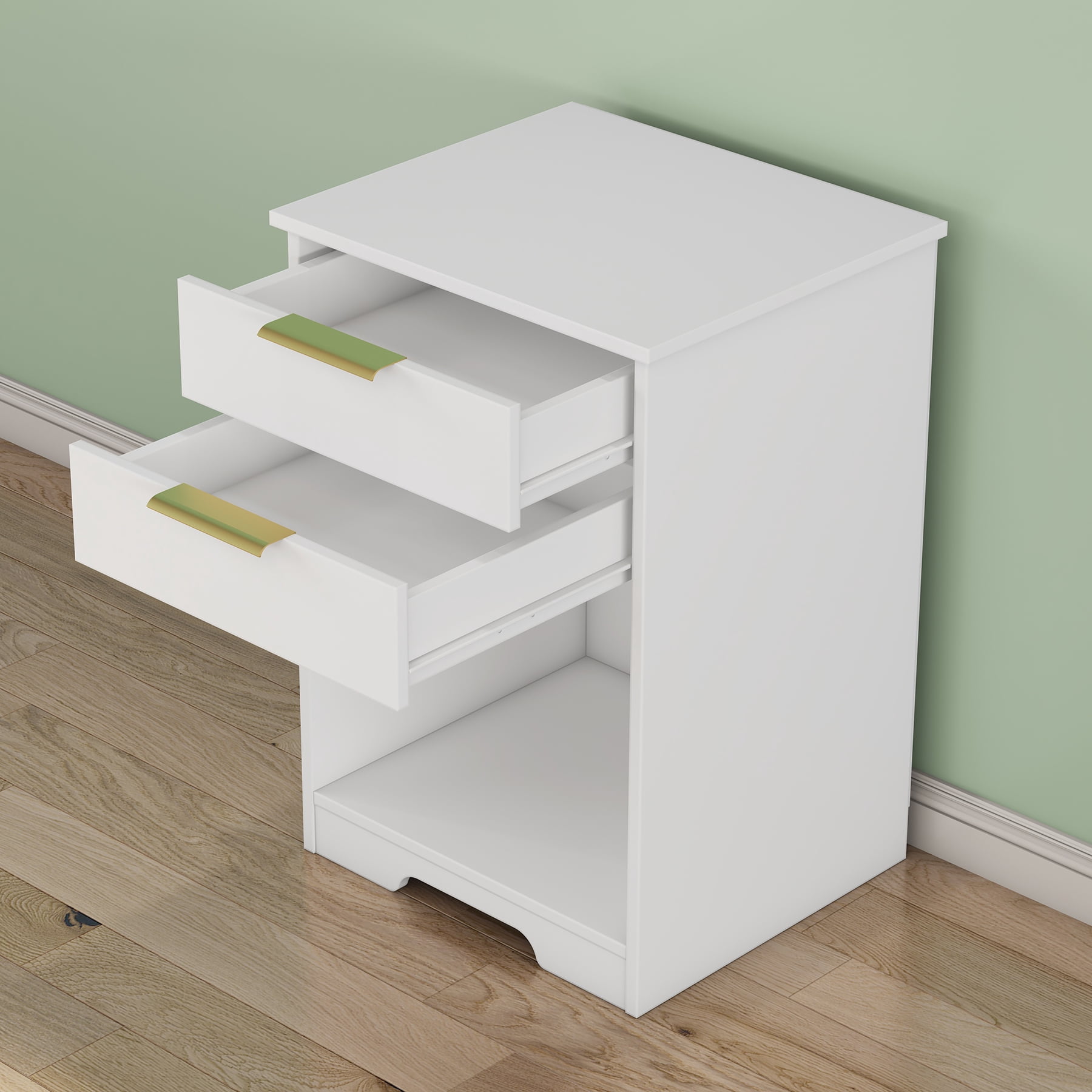 Nighstand With 2 Drawers,End Table,Nightstand with Open Space,Golden Handle,Morden Design,For Living Room,Bedroom,Easy Assemble,White
