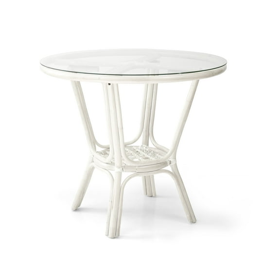 Pelangi Dining Natural Rattan Wicker Handmade Round Table Glass Top, White Color
