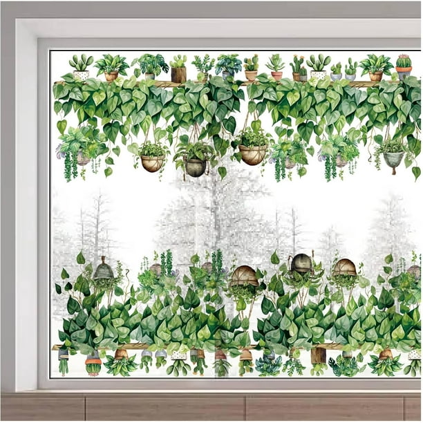 Adhesivos para ventanas con plantas en maceta, cactus, hojas verdes, bonsáis de primavera, suculentas, no adhesivos, extraíbles, reutilizables, de doble cara.