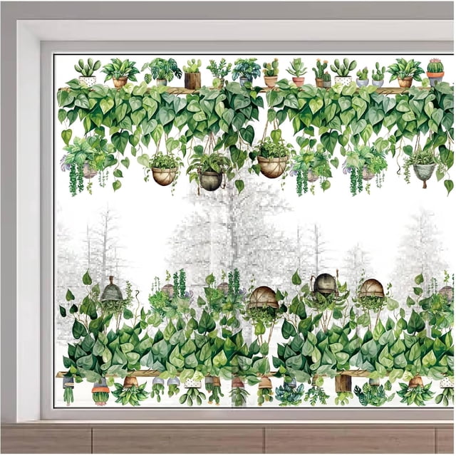 Adhesivos para ventanas con plantas en maceta, cactus, hojas verdes, bonsáis de primavera, suculentas, no adhesivos, extraíbles, reutilizables, de doble cara.