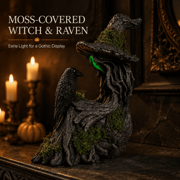 Halloween Mossy Tree Witch Figurine with Crow and Light, Spooky Gothic Tabletop Statue for Mantel, Shelf, Entryway, House, Party, Office and Seasonal Home Decor, Black