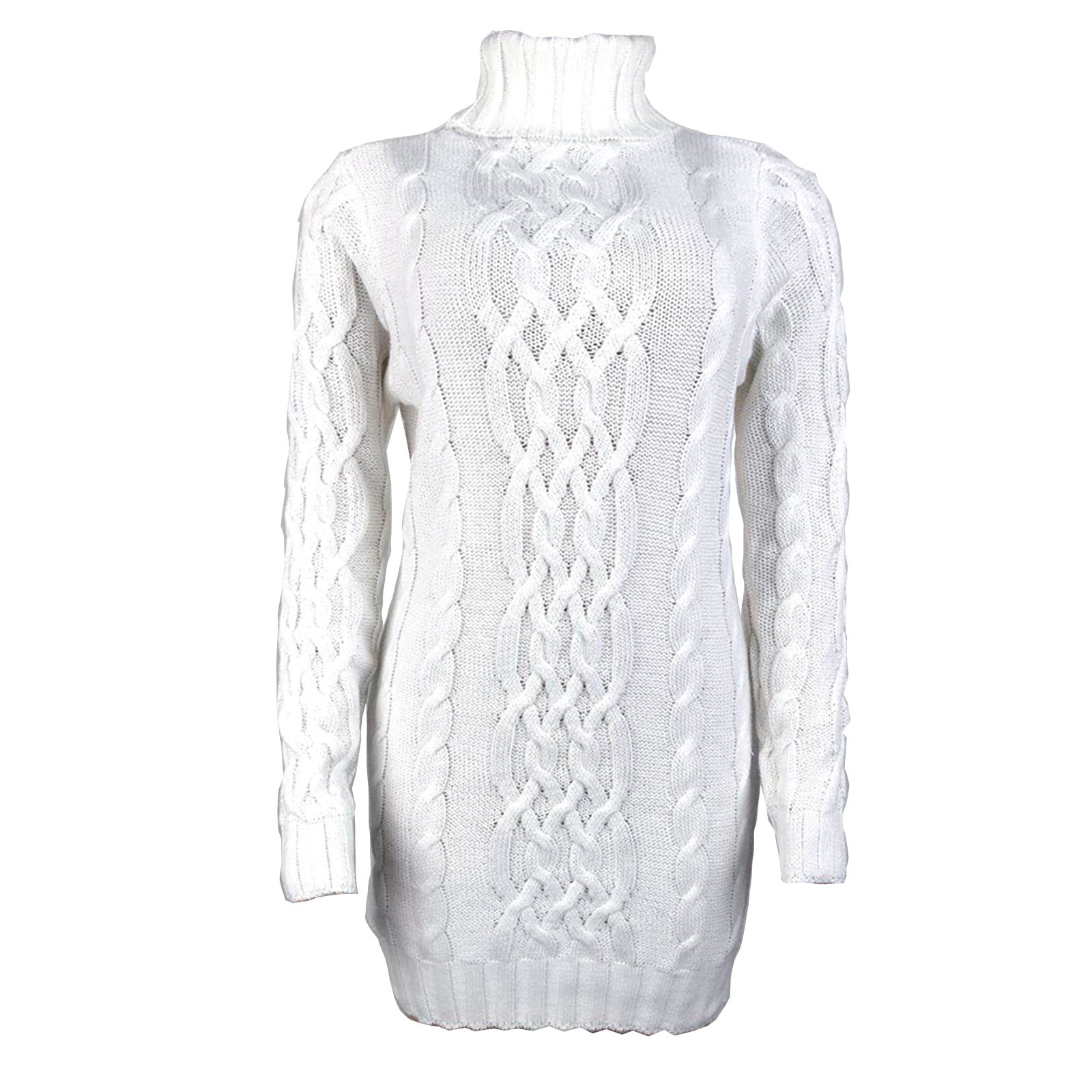 Women's Sweater Cable Knitted Long Sleeve Turtleneck Knitted Mini Dress Casual Slim Pullover Tops