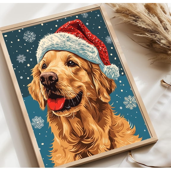 Golden Retriever Kristmas Wall Art, Dog With Santa Hat Kristmas Decor, Fun Dog Art, Dog Lover Warm Present Vintage UNFRAMED Poster Size 8x12