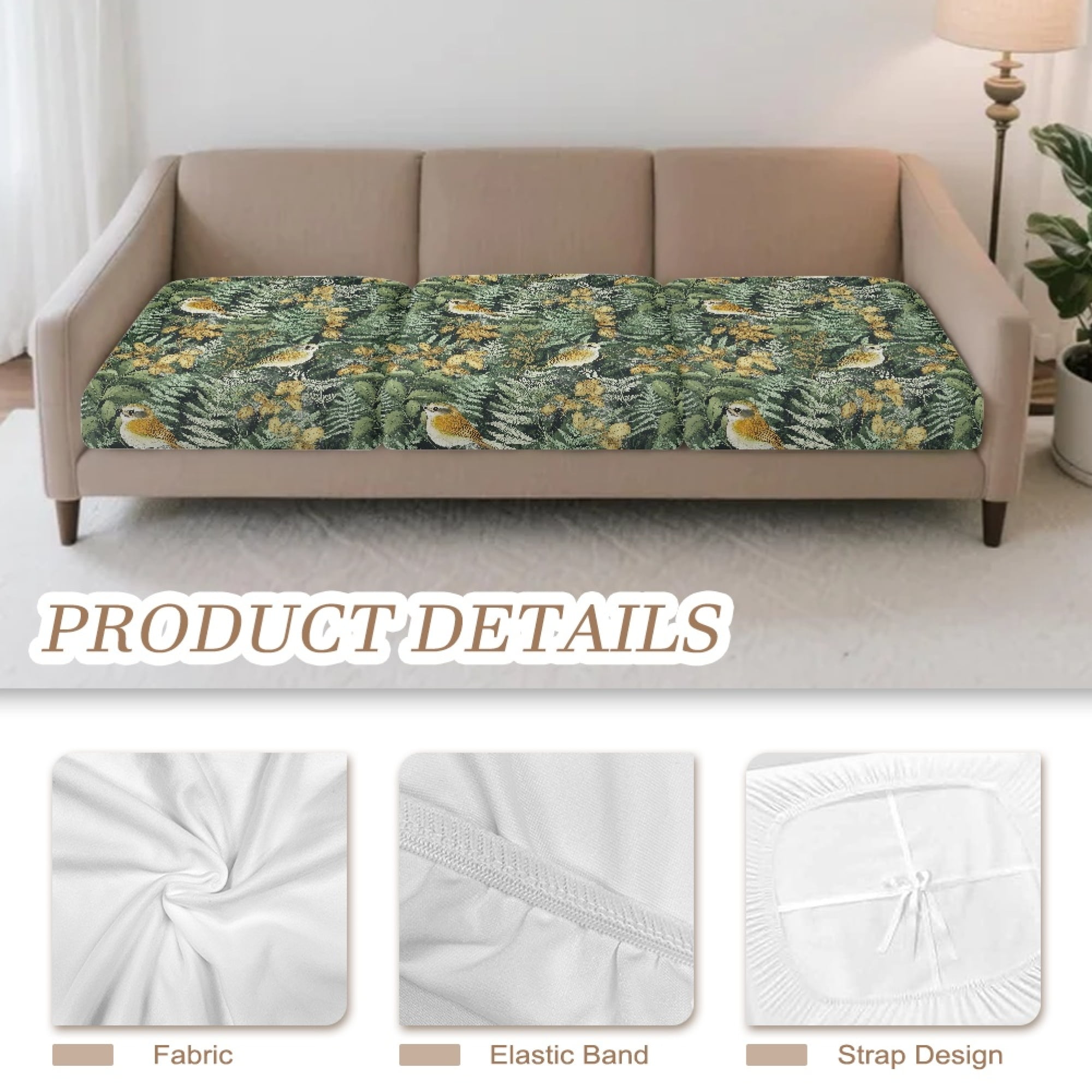 TSOVTHRID Bird Forest Camo Pattern Non Slip Couch Cover 3 Pieces Couch Cushion Covers Soft Stretch Sofa Slipcovers Luxury Sofa Cushion Furniture Protector Machine Washable, 24x24 Inch