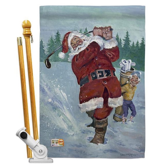 Breeze Decor BD-XM-HS-114121-IP-BO-D-US16-AL 28 x 40 in. Snow Golfing Santa Winter Christmas Impressions Decorative Vertical Double Sided House Flag Set & Pole Bracket Hardware