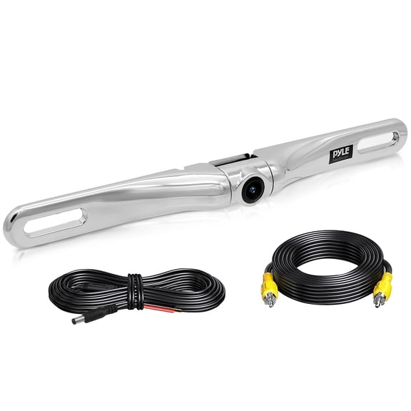 PYLE PLCM18SC - License Plate Rear View Camera - Built-in Distance Scale Lines Backup Parking/Reverse Assist Waterproof Adjustable Slim Bar Cam w/ 420 TVL Resolution & RCA Output Zinc Metal Chrome