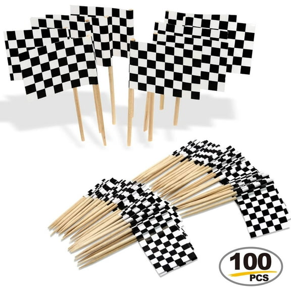 Anley Checkered Racing Flag Toothpick Cupcakes Toppers - Cocktail Fruit Stick Toothpicks Race Car Cupcakes Toppers (100 pcs)