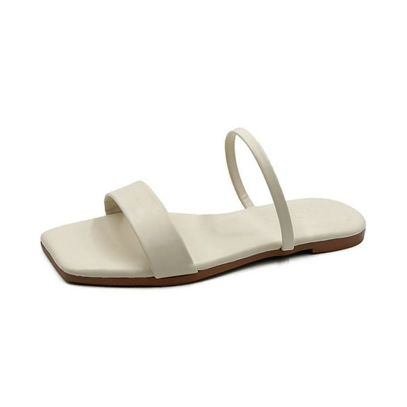Lovskoo 2024 Women's Slippers Summer Open Toe Shoes Squares Toe Slippers Flat Outer Slippers White