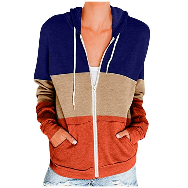 Timegard Womens Zip up Hoodies Sweatshirts Long Sleeve Color Block Pullover Fall Winter Comfy Clothing