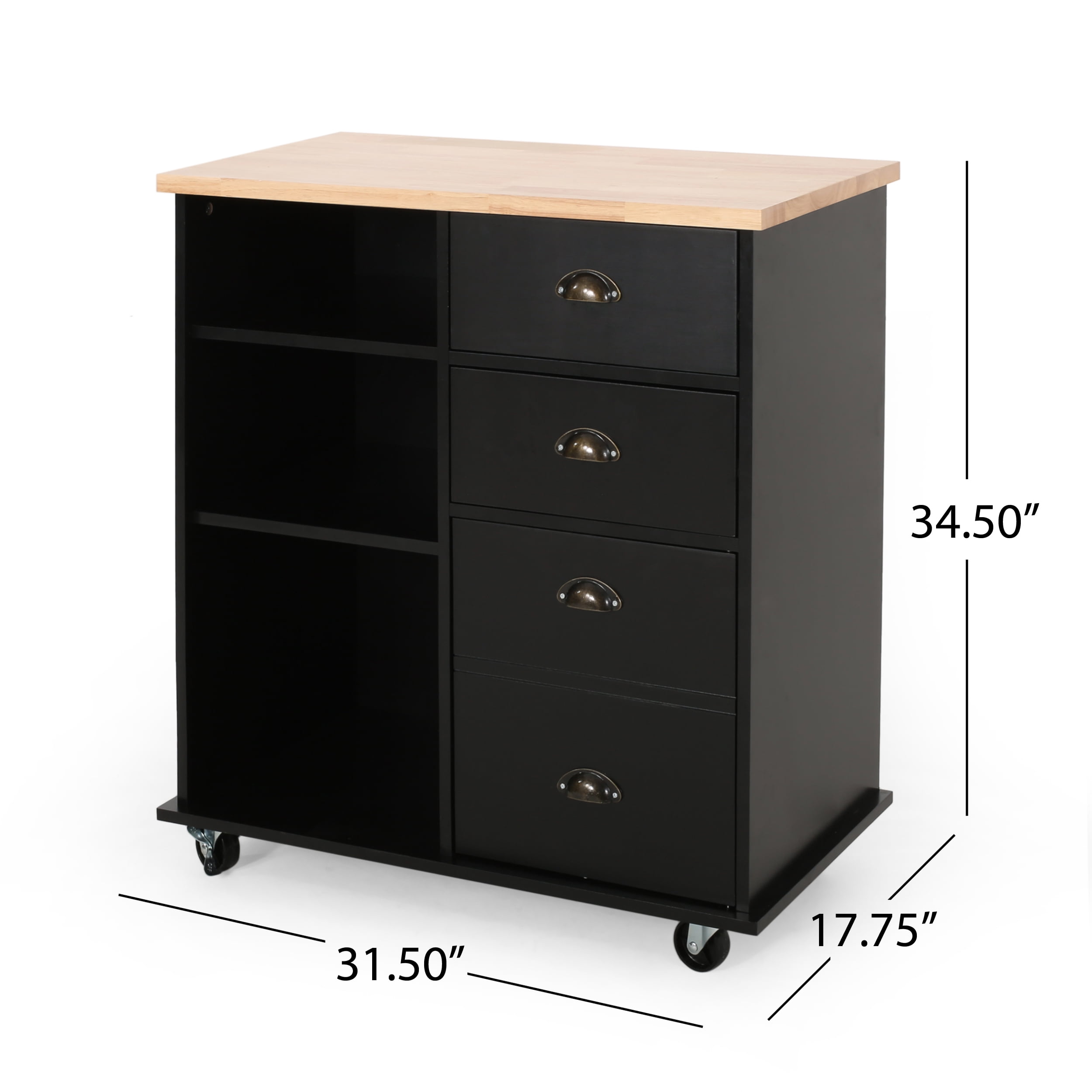 Noble House Ratzy Rubberwood Kitchen Storage Cart, Black, Natural
