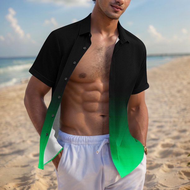 Blusa y camisa de manga corta con cuello vuelto para hombre, blusa informal de moda con cuello vuelto, blusa estampada de manga corta con botones, blusa de poliéster para hombre