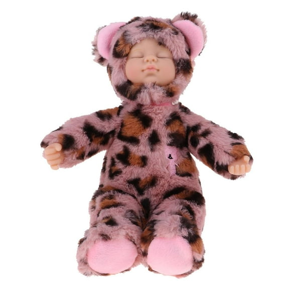 25cm Sleeping Doll Plush Baby Doll W/ Pink Leopard Clothes Playment