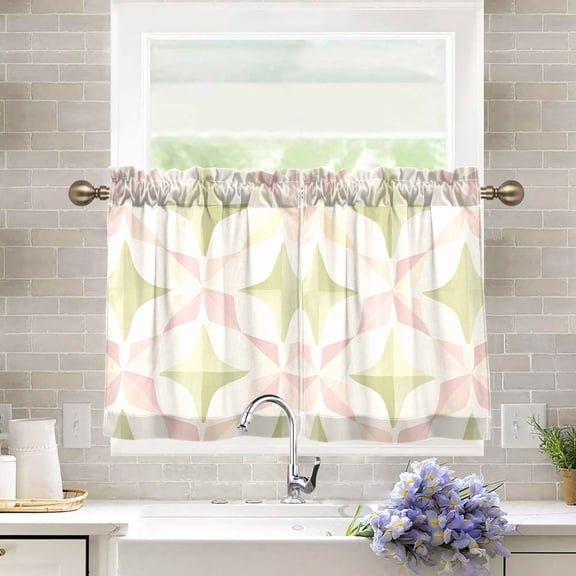 Yayeee Kitchen Curtains Light Filtering 27"x24" Rod Pocket Short Cafe Window Panel, Pastel Pink Geometric