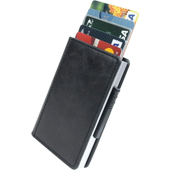 PRINT SUPREMACY Leather Wallet with Metal Case Credit Card Holder with Magnetic Lock (Up to 5 Cards), Plastic Switch with 2 Slots, Minimalist Slim Wallet for Men Women, Holds Cards ID Cash (Black)