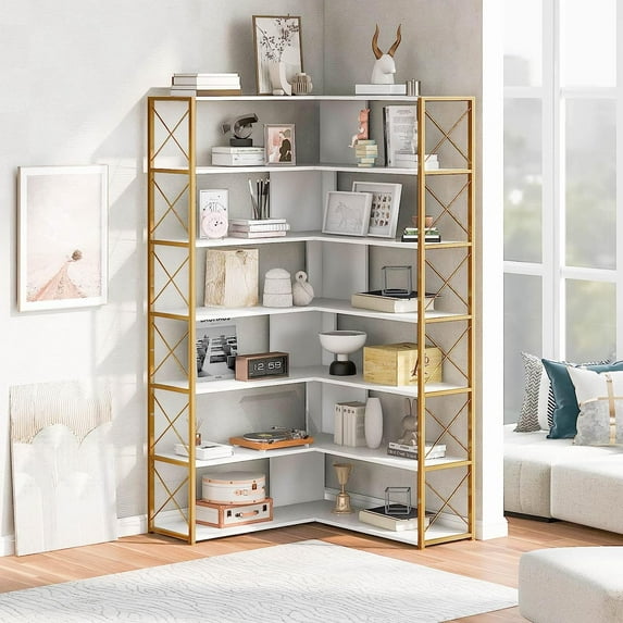 AngLink 7-Tier Bookcase Home Office Bookshelf, L-Shaped Corner Bookcase with Metal Frame, Industrial Style Shelf with Open Storage, MDF Board (Gold)