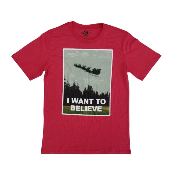 Mens Heather Red I Want To Believe Santa Sleigh Christmas T-Shirt