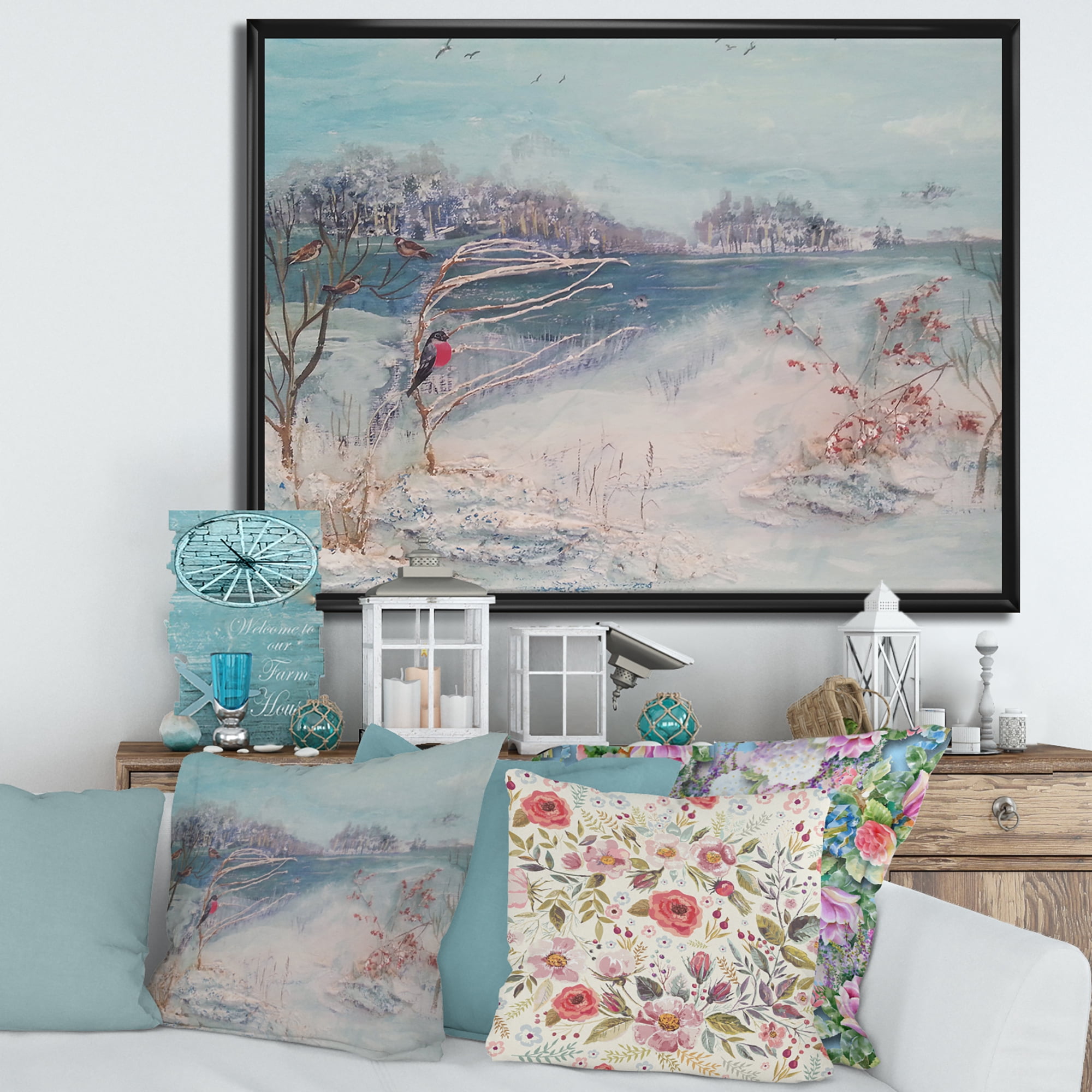 Designart 'Birds and Winter Trees By River' Lake House Framed Canvas Wall Art Print