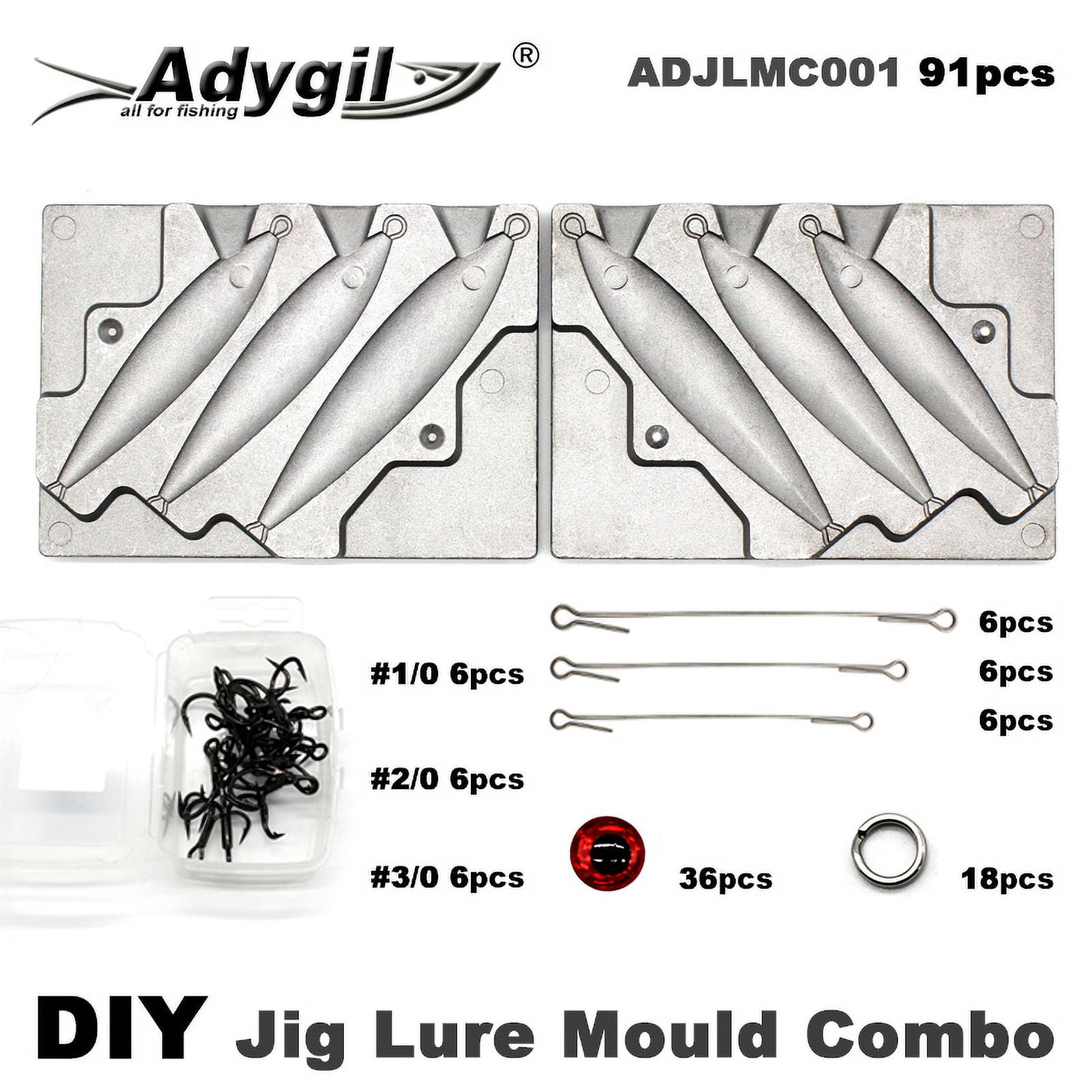 Adygil Fishing Jigging Lure Mold Kits 5oz, 5.5oz, 7.5oz,3 Cavities, 91pcs/Pack,Without Handle