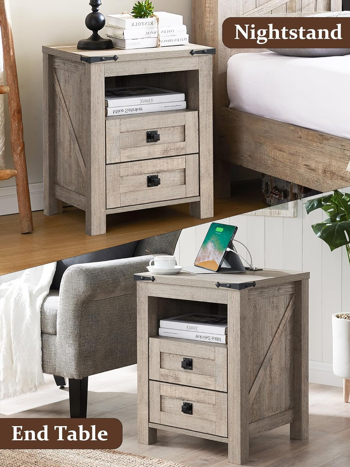 OKD Farmhouse Nightstand with Charging Station for Bedroom, 2-Drawer Rustic End Tables for Living Room, Light Rustic Oak