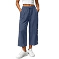 thumbnail image 2 of Karymi Athletic Shorts for Women Cropped Wide Leg Pants, Drawstring Elastic High Waist Capri Trousers, Side Button Decor Straight Casual Pants with Pockets, 2 of 7