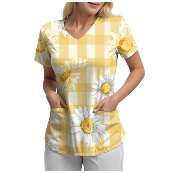 COMVALUE Scrubs for Women V Neck Short Sleeve Animal Print Nursing Uniform Top with Pockets Stretch Medical Scrub Shirt (Yellow, S)
