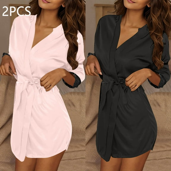 2PC Women Lightweight Bathrobes V Neck Comfy Solid Color Loungewear Long Sleeve Housecoat Short Nightwear New Sleepwear Dress Style B-3 Beige One Size