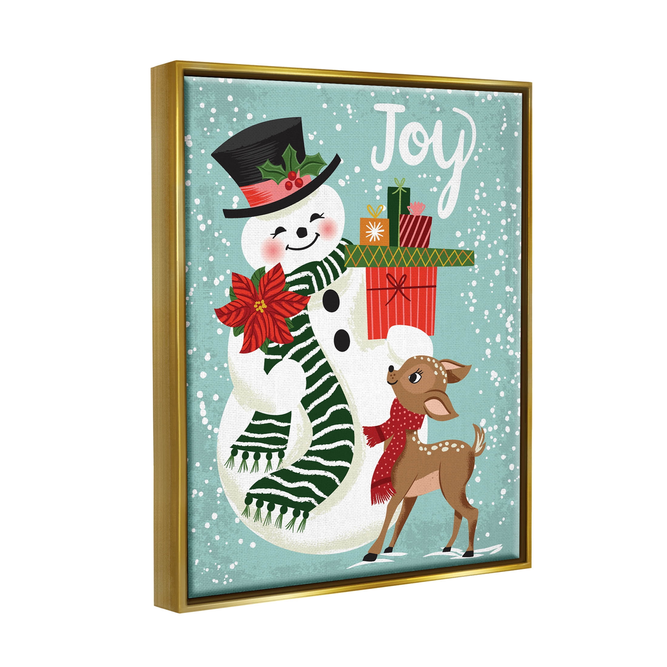 Joy Smiling Snowman Holiday Deer Holiday Graphic Art Metallic Gold Framed Art Print Wall Art