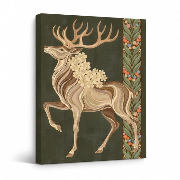 Deer Canvas Wall Art, Vintage Floral Stag Painting, Art Deco Animal Wall Decor for Living Room Bedroom Office 18"*24"