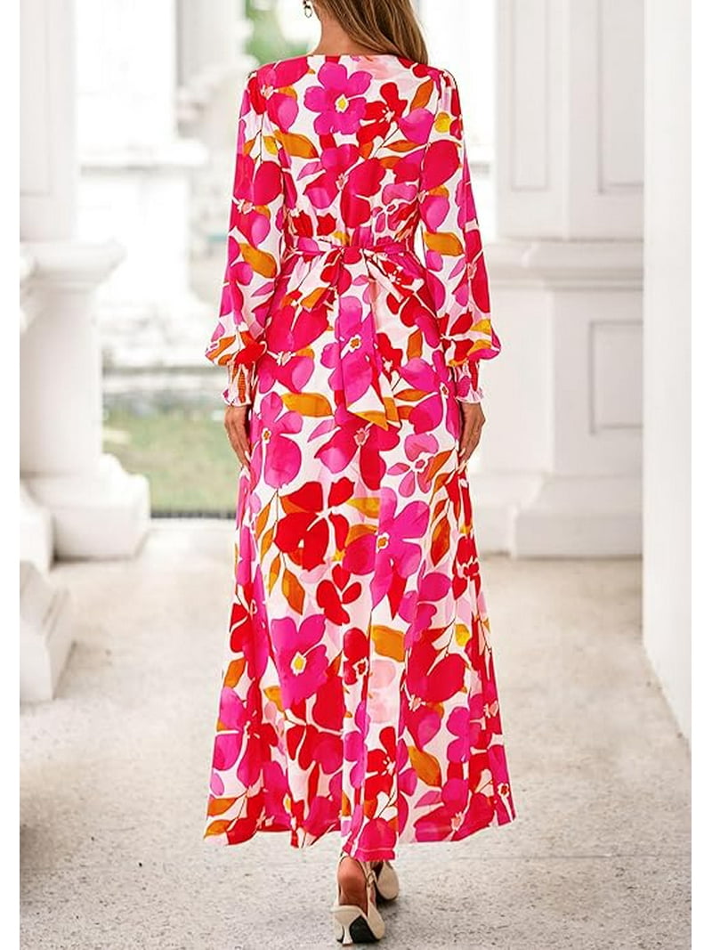 PRETTYGARDEN Women's Fall Boho Maxi Dress Floral Long Sleeve V