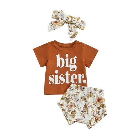 

Genuiskids Newborn Baby Girl Sister Matching Outfits Toddler 3 Pcs Floral Print Short Sleeve T-shirt Tops + Shorts + Headband Set