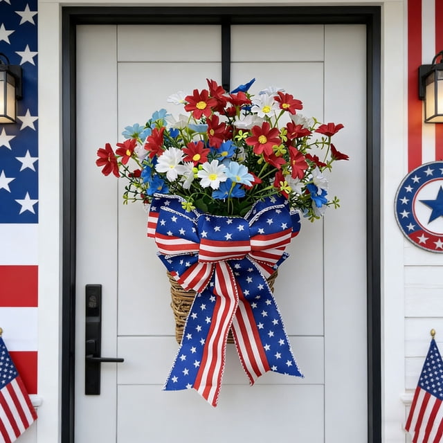 Décorations du Memorial Day pour l'Extérieur - Grand Ruban Patriotique à Rayures et Étoiles pour le 4 Juillet, Couronne, Nœud pour Porte d'Entrée - Nœuds Rouges, Blancs et Bleus pour Cime d'Arbre, Déco Intérieure, Fête des Anciens Combattants, 250e Anniversaire