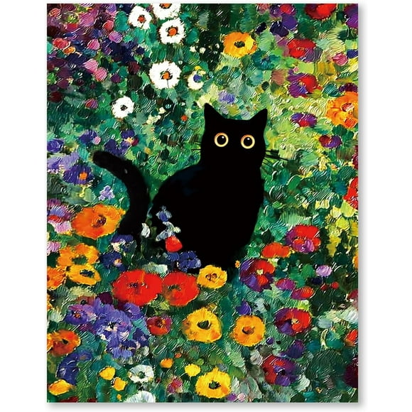 Vintage Floral Black Cat Cross Stitch Kits, Black Kitten Cottagecore Colorful Wildflower Stamped Counted Cross Stitch Kits for Adults, Cat Mom Lovers Gifts30 x 40 cm (without frame),cat-2