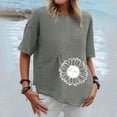 thumbnail image 2 of Chemises d'Été pour Femmes Col Rond Imprimé Coton Lin Haut Grande Taille Ourlet Irrégulier Décontracté Confortable Manches Courtes Blouse, 2 of 4