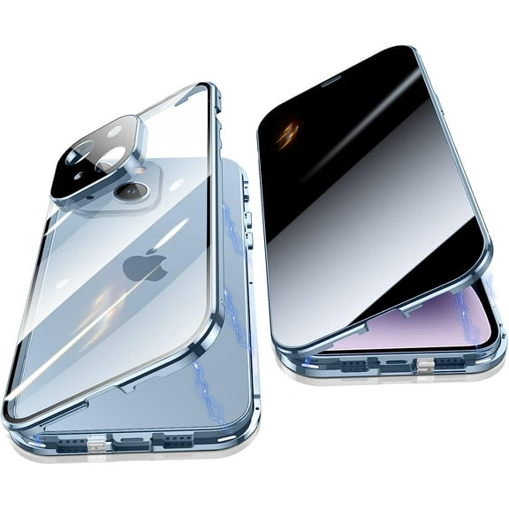 Anti Peeping Case for iPhone 14 (6.1"), 360 Degree Front and Back Privacy Tempered Glass Cover, Anti SPY Screen, Anti Peep Magnetic Adsorption Metal Bumper for iPhone 14 (Blue)