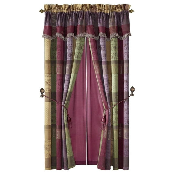 4 Pieces Multi Color Gitano Jacquard Patchwork Window Curtain / Drape Set with Sheer Backing Green, Purple, Burgundy