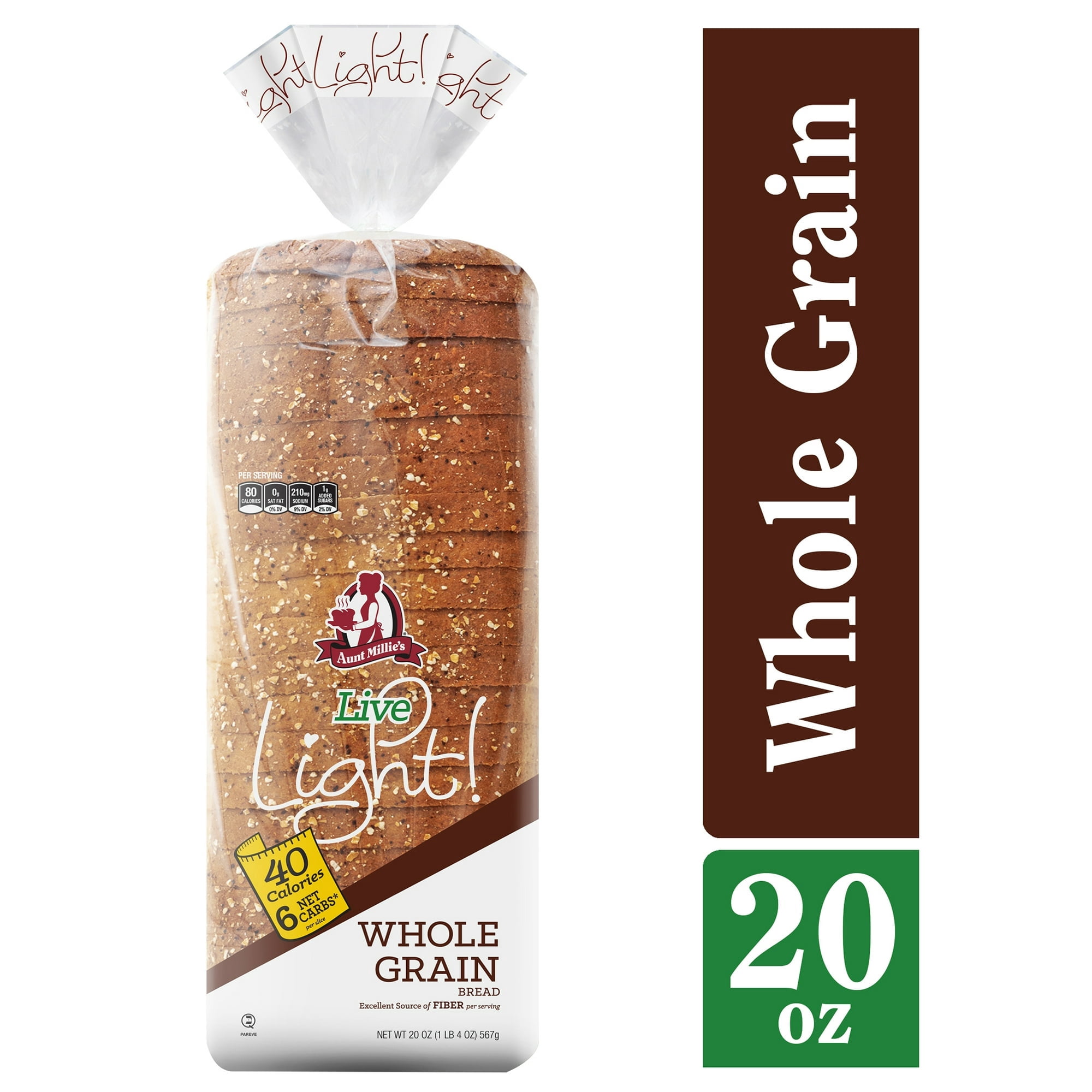 Aunt Millie's Live Light! Whole Grain Bread Loaf, 20 oz, 24 ct