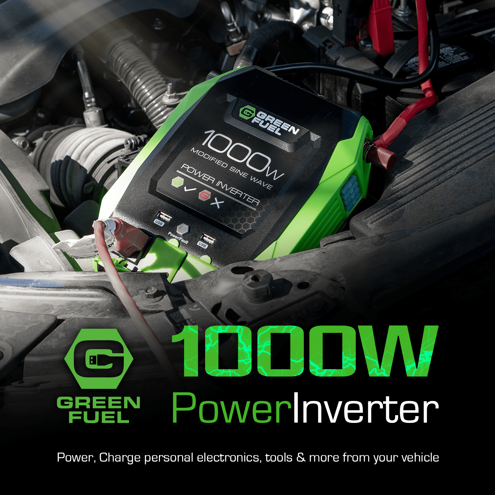 GREEN FUEL 1000W Power Inverter 2000W Peak w/DC 12V to 3X 120V AC, 2X 2.4Amp USB, Mounting Brackets and Clamps Included